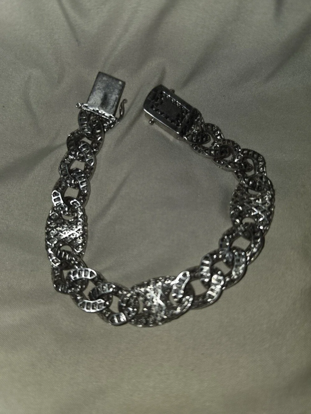 Rhodium Plated 925 Sterling Silver Encrusted Figaro Mariner Bracelet 14.5mm 9